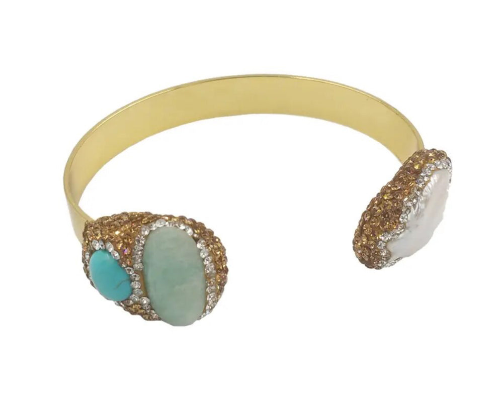 
                  
                    Boho & Mala Natural Stones & Pearl Brass Cuff Bracelet
                  
                