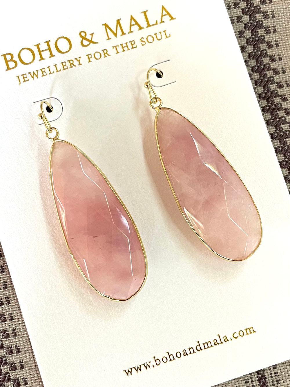Boho & Mala Natural Rose Quartz Gold Plated Drop Earrings