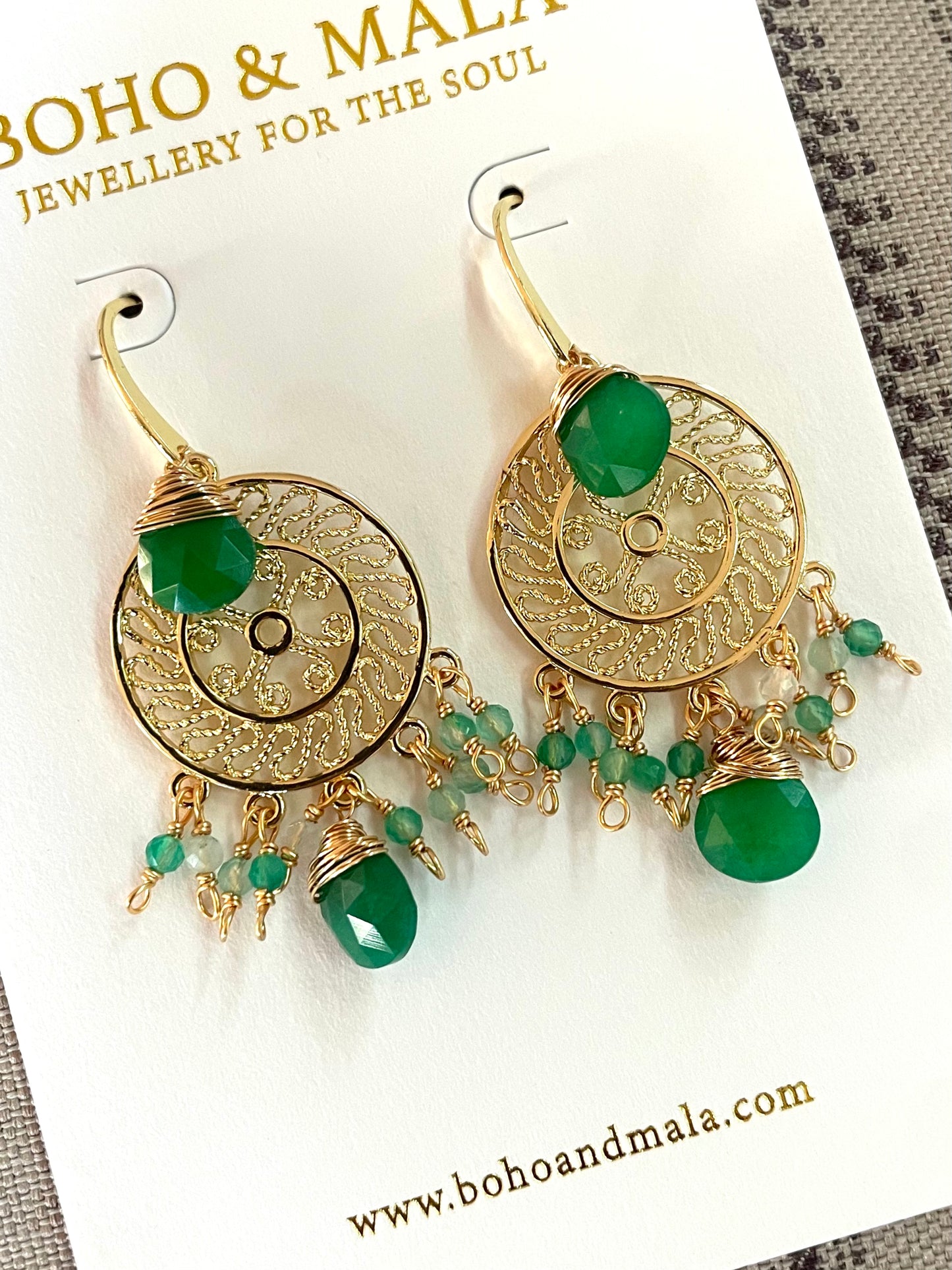 
                  
                    Boho & Mala Light Green Natural Stone Dreamcatcher Gold Plated Drop Earrings
                  
                