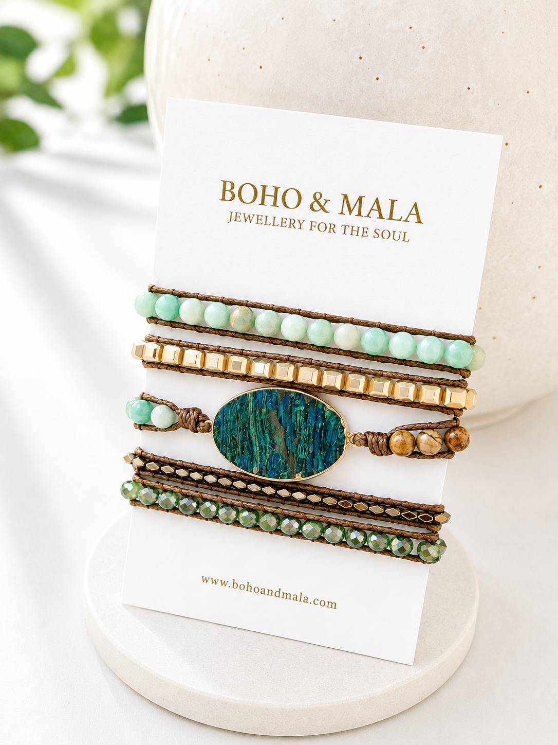 Set of chrysocolla beaded wrap  bracelets on a card with 'Boho & Mala' branding