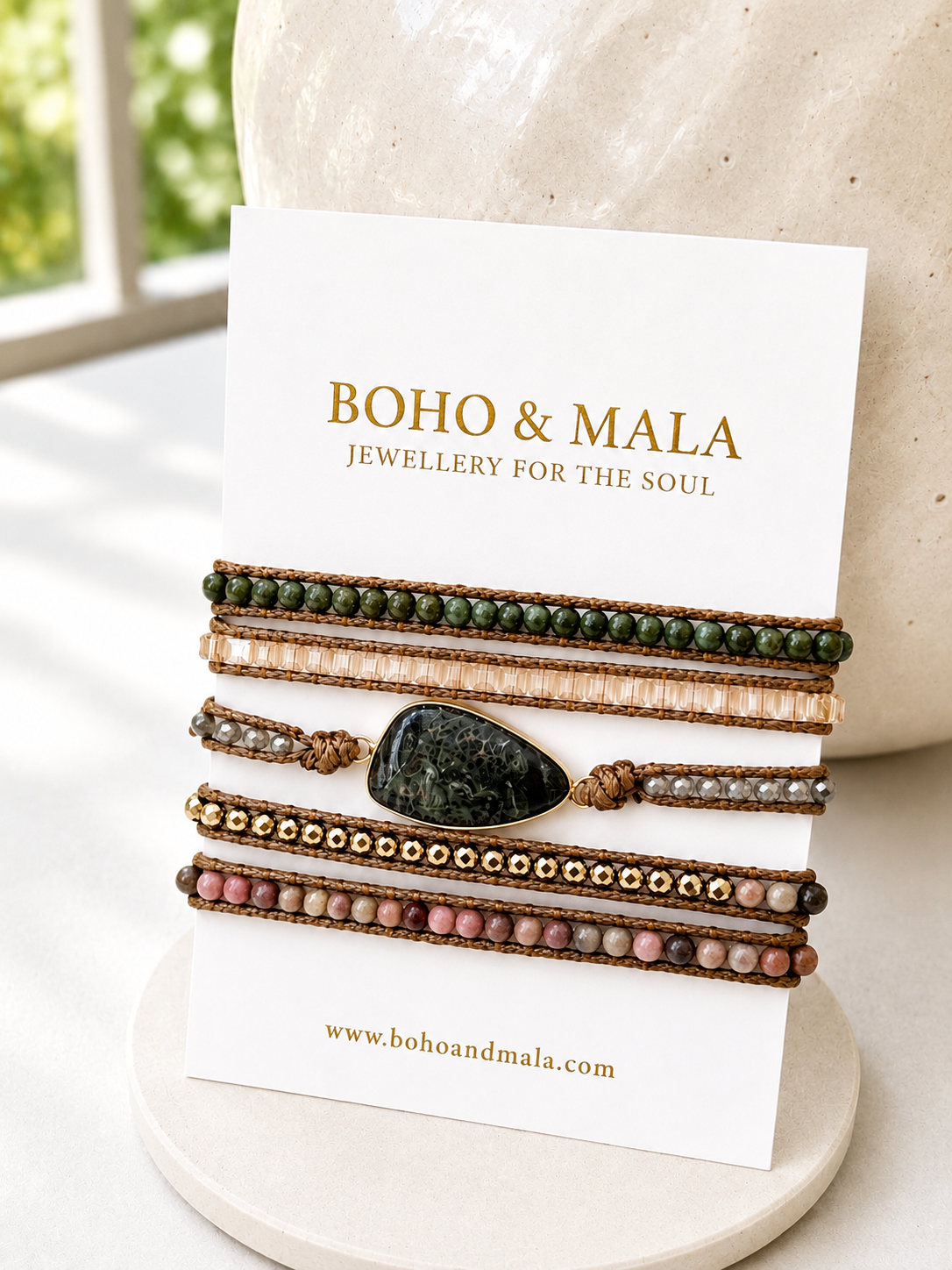 Set of beaded kambaba jasper wrap bracelets on a card with 'Boho & Mala' branding.