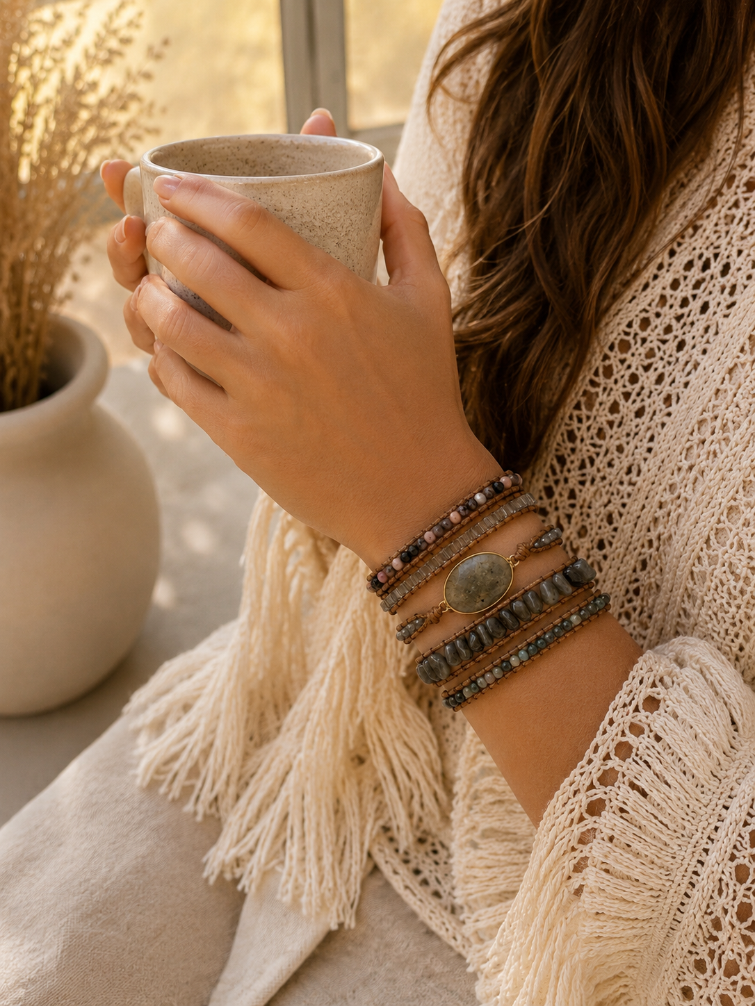 
                  
                    Person holding a mug with a warm, cozy setting wearing moss agate mixed wrap bracelet 
                  
                