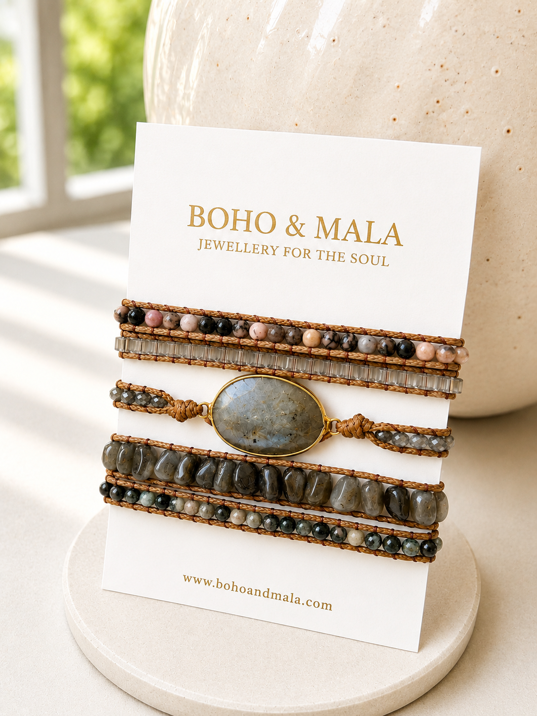Stack of beaded moss agate mixed wrap bracelets on a card with 'Boho & Mala' branding.