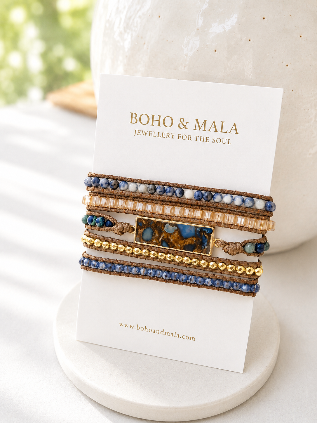 Set of sodalite wrap bracelets on a card with 'Boho & Mal' branding, displayed on a white surface.