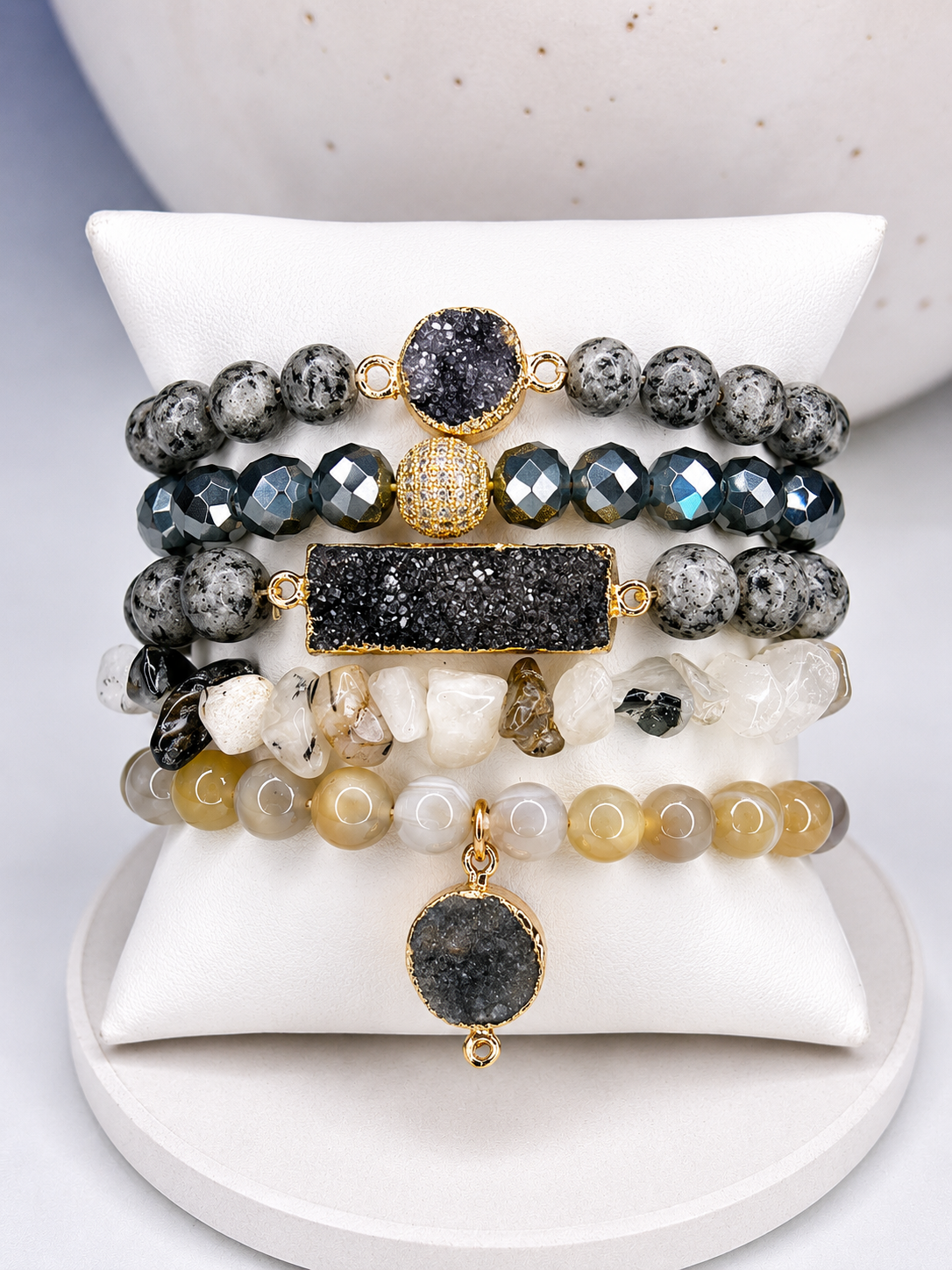 
                  
                    Midnight Moon Stone Mix Elastic Bracelet Stackable Set
                  
                