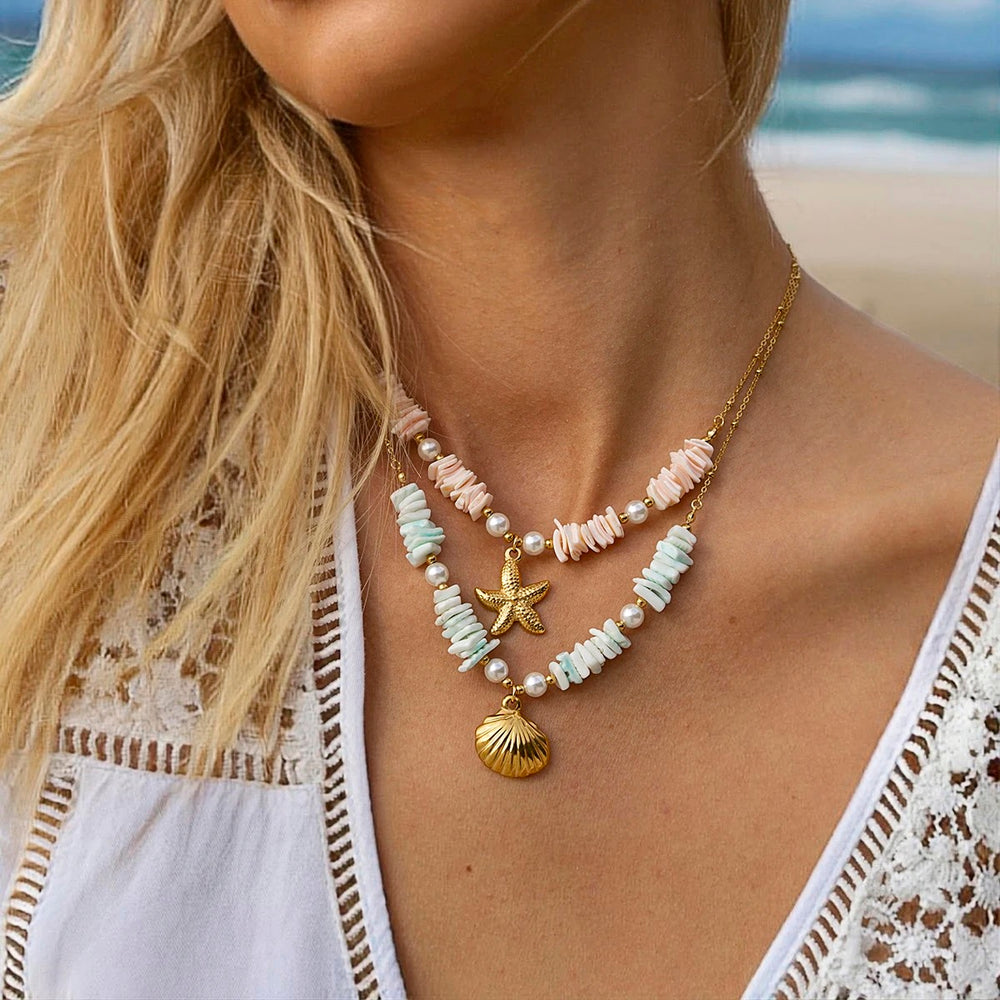 Boho & Mala Pink Shell & Pearl Stainless Steel Charm Gold Plated Necklace