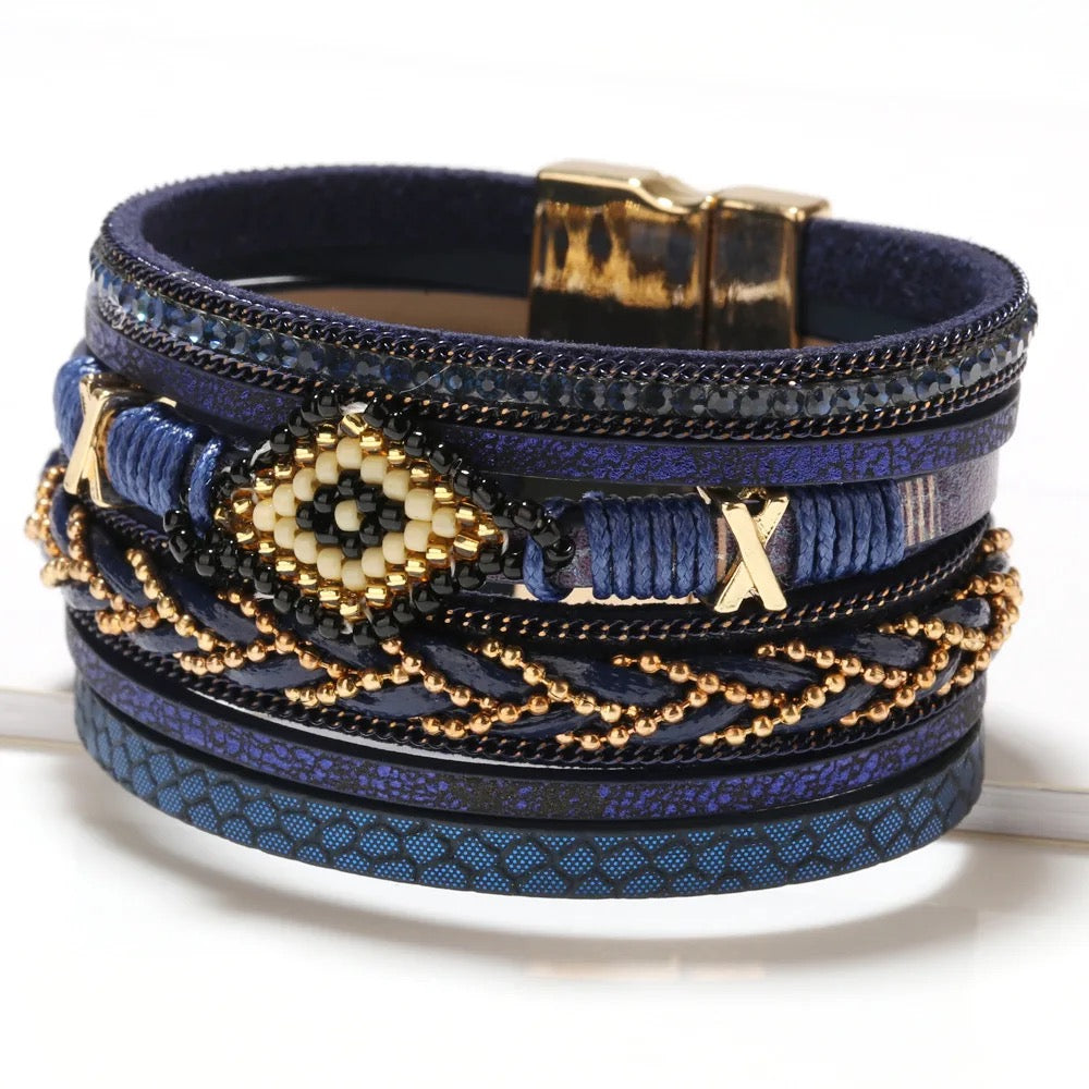 Boho & Mala Blue PU Leather Bracelet