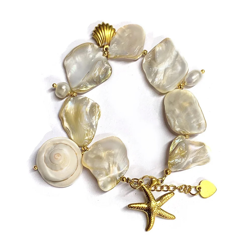 
                  
                    Boho & Mala Pearl & Shell Gold Plated Stainless Steel Cuff Bracelet
                  
                