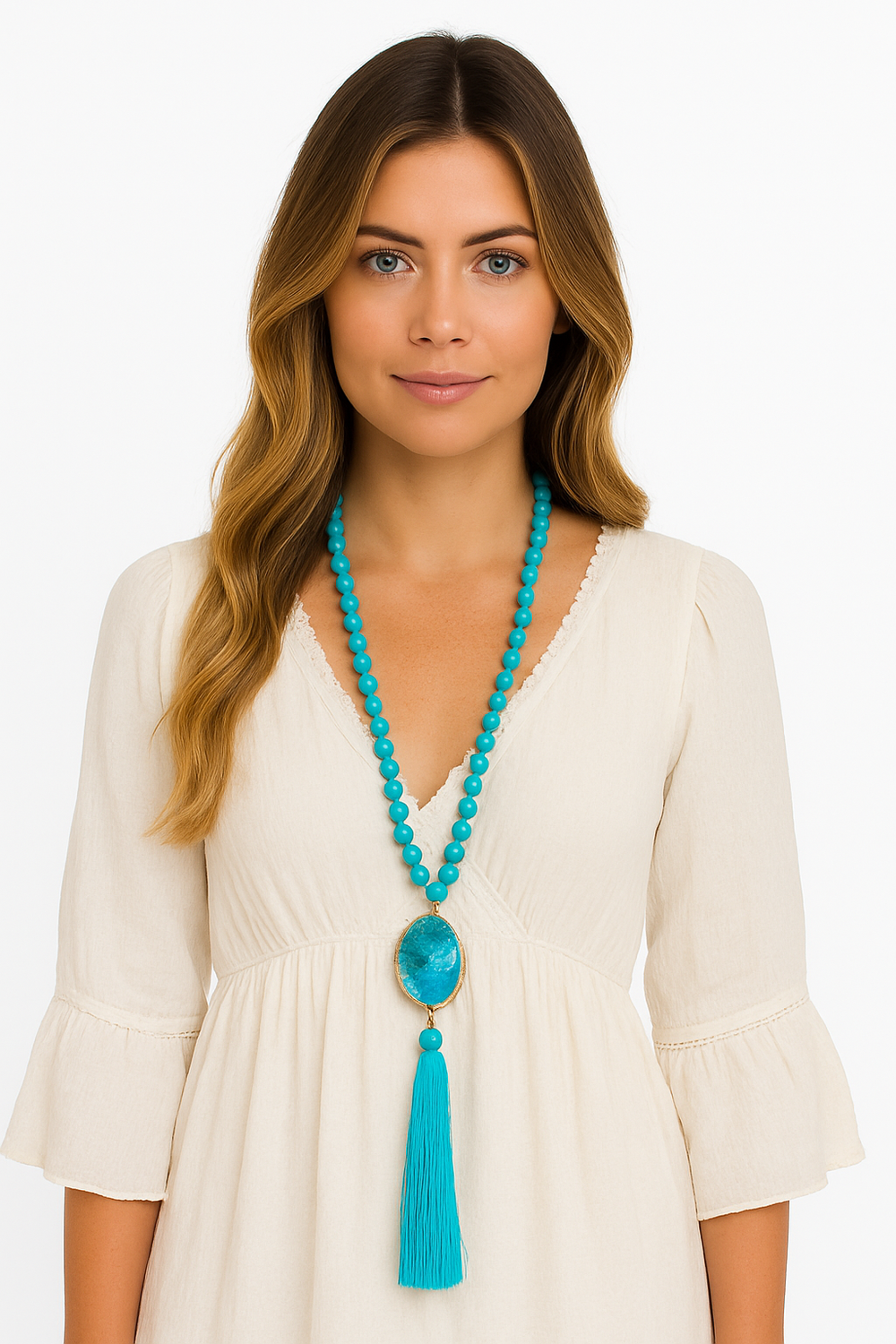 Boho & Mala Tribal Agate Slice Tassel Necklace (Blue) TN10048
