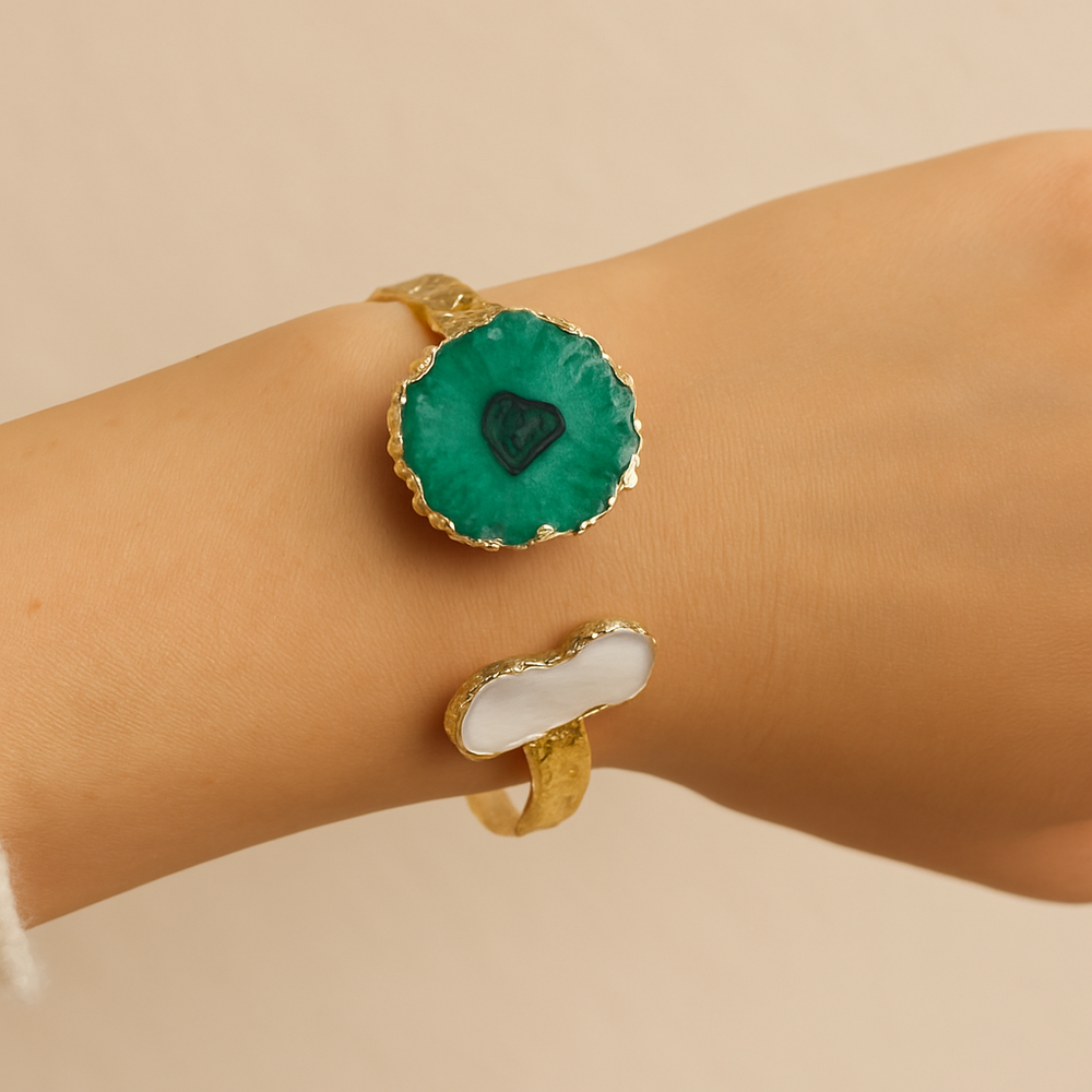 Boho & Mala Green Solar Quartz & Freshwater Pearl Cuff Bracelet 70335429