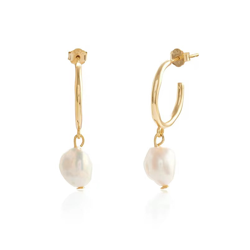 Boho & Mala Freshwater Pearl Stud 18k Gold Plated Hoop Earring