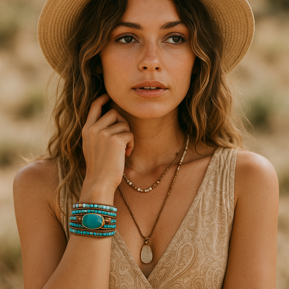 Boho & Mala Blue Agate Stone 5 Wrap Bracelet