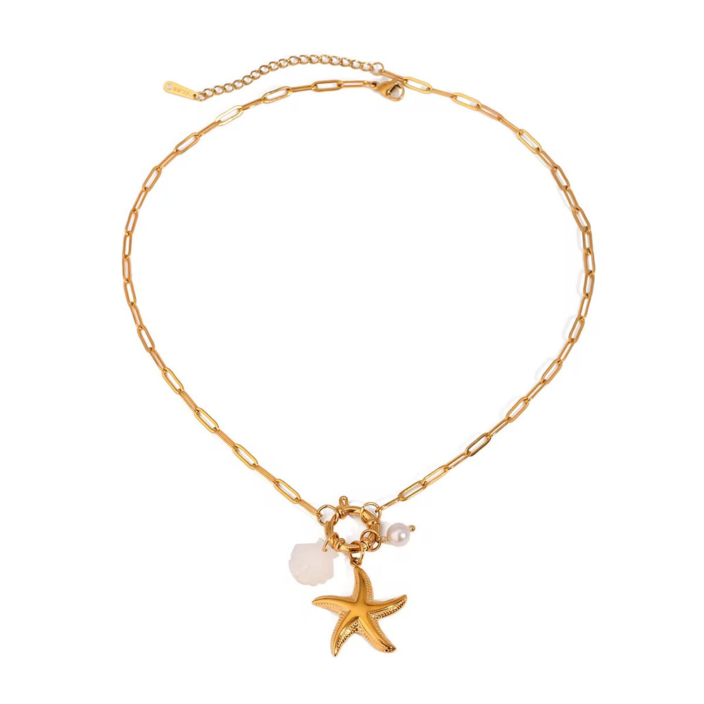 Starfish And Pearl Necklace Beach Australian Owned Boho And Mala Gold Plated Under Stainless Steel Statement Necklace Waterproof Tarnish-Free Earrings Everyday Boho Jewellery