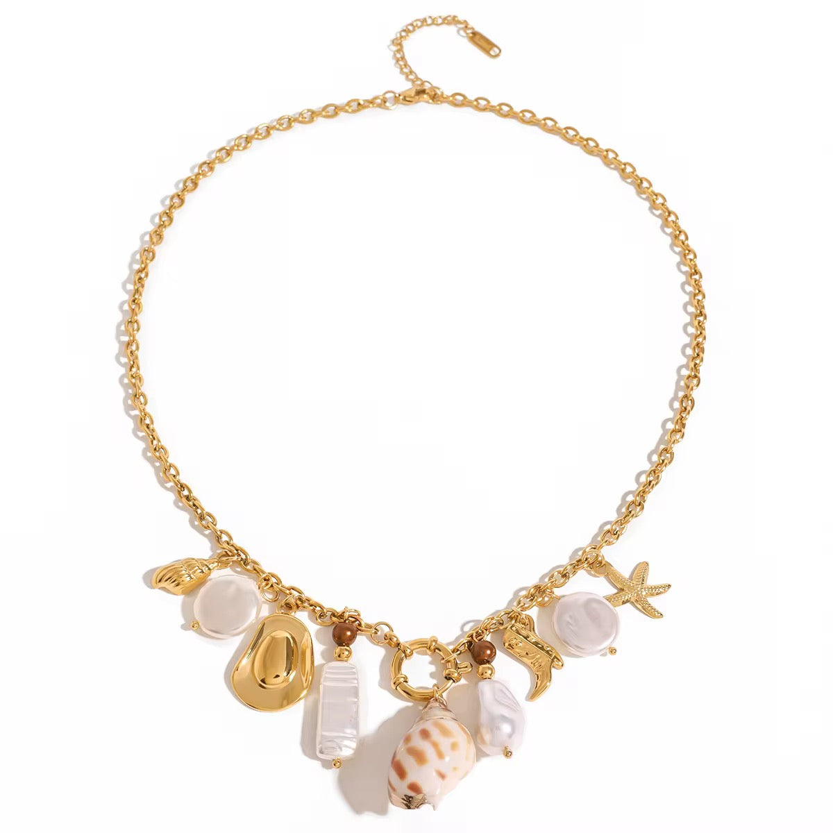 Shell And Pearl Charm Pendant Beach Australian Owned Boho And Mala Gold Plated Under Stainless Steel Statement Necklace Waterproof Tarnish-Free Earrings Everyday Boho Jewellery