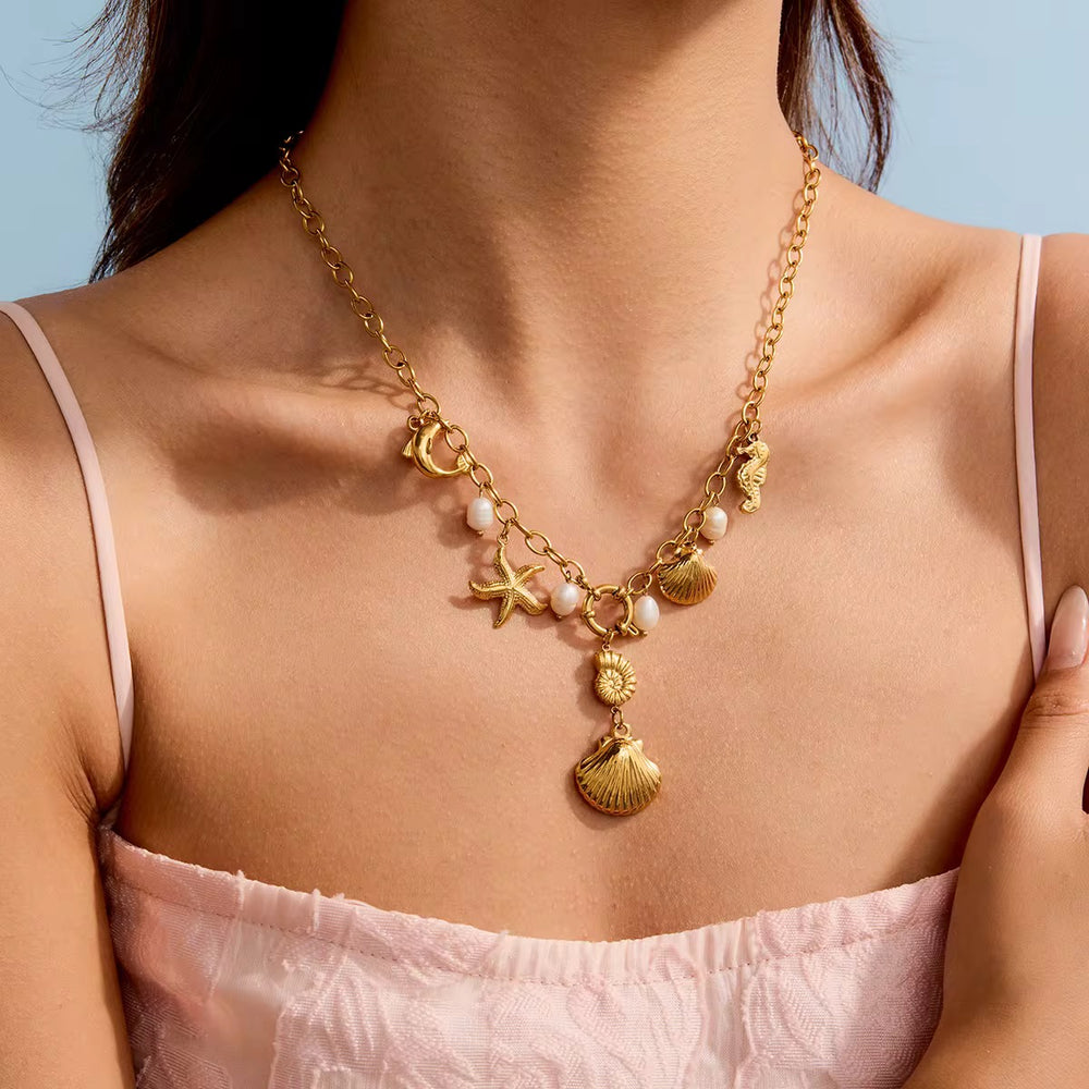 Shell And Pearl Charm Pendant Beach Australian Owned Boho And Mala Gold Plated Under Stainless Steel Statement Necklace Waterproof Tarnish-Free Earrings Everyday Boho Jewellery