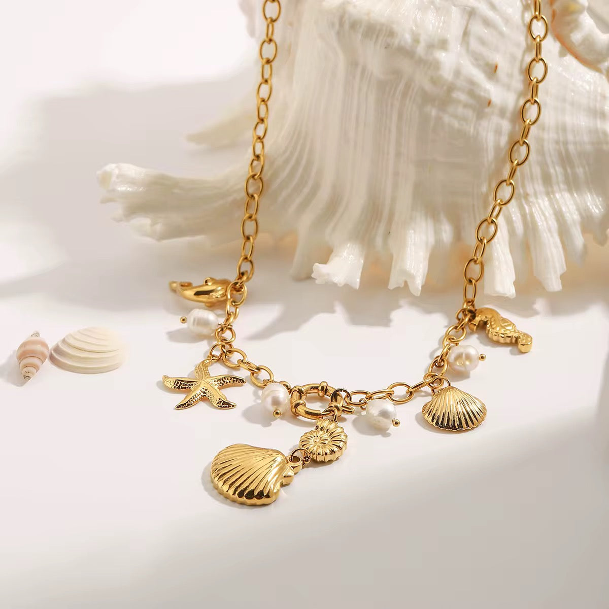 
                  
                    Shell And Pearl Charm Pendant Beach Australian Owned Boho And Mala Gold Plated Under Stainless Steel Statement Necklace Waterproof Tarnish-Free Earrings Everyday Boho Jewellery
                  
                