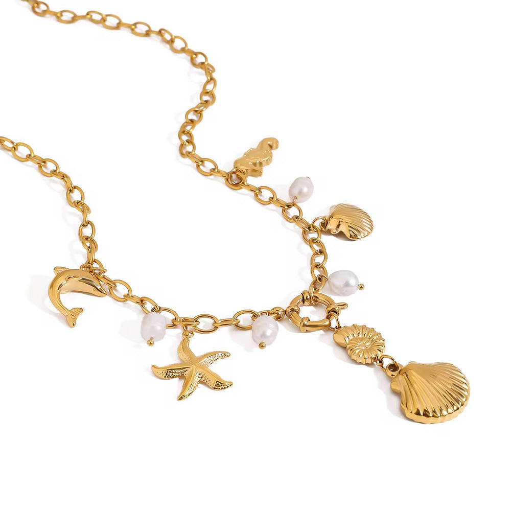 Shells & Pearls Charm Gold Plated Stainless Steel Waterproof & Tarnish-Free Necklaces- Boho Jewellery For Everyday Wear