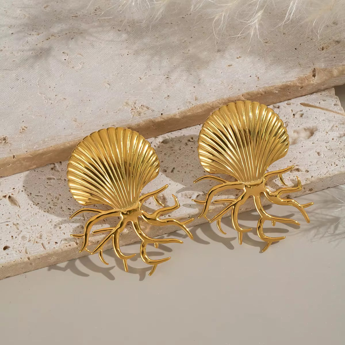 Australian Owned Boho And Mala Gold Plated Under Stainless Steel Statement Sea Shell Hoop Waterproof Tarnish-Free Earrings- Boho Jewellery
