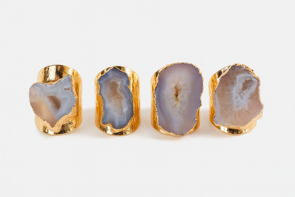 Boho & Mala Natural Grey Agate Statement Gold Plated Ring