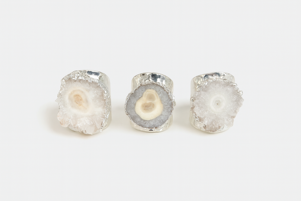 Boho & Mala White Solar Quartz Crystal Stone Statement Silver Plated Ring