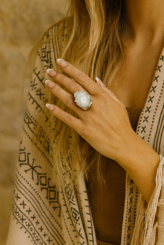 
                  
                    Boho & Mala White Solar Quartz Crystal Stone Statement Silver Plated Ring
                  
                