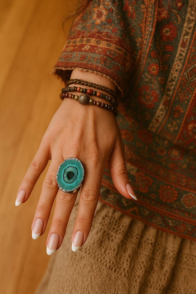 Boho & Mala Green Solar Quartz Silver Ring