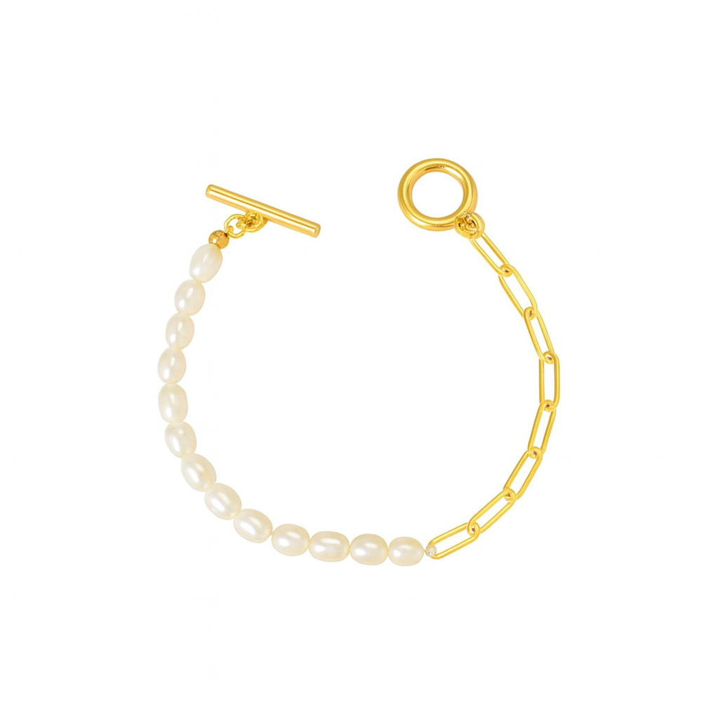 Free Spirit Boho Brass & Gold Natural Freshwater Pearl Bracelet