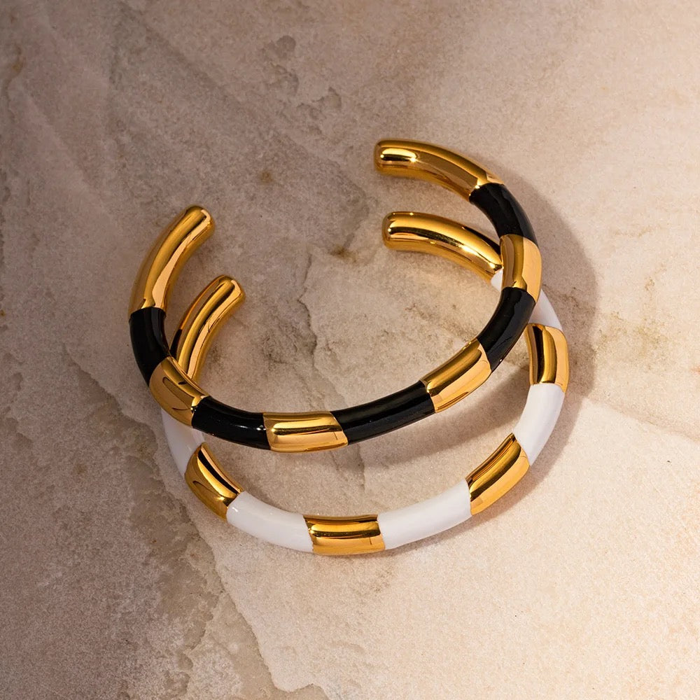 Boho & Mala Black Enamel Gold Plated Stainless Steel Cuff Bracelet