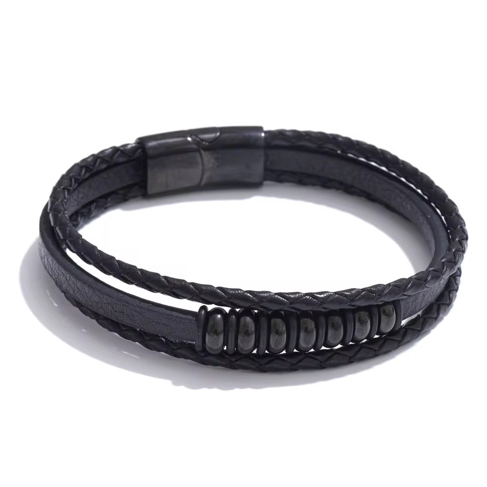 Men’s Black PU Leather & Stainless-Steel Bracelet 23cm