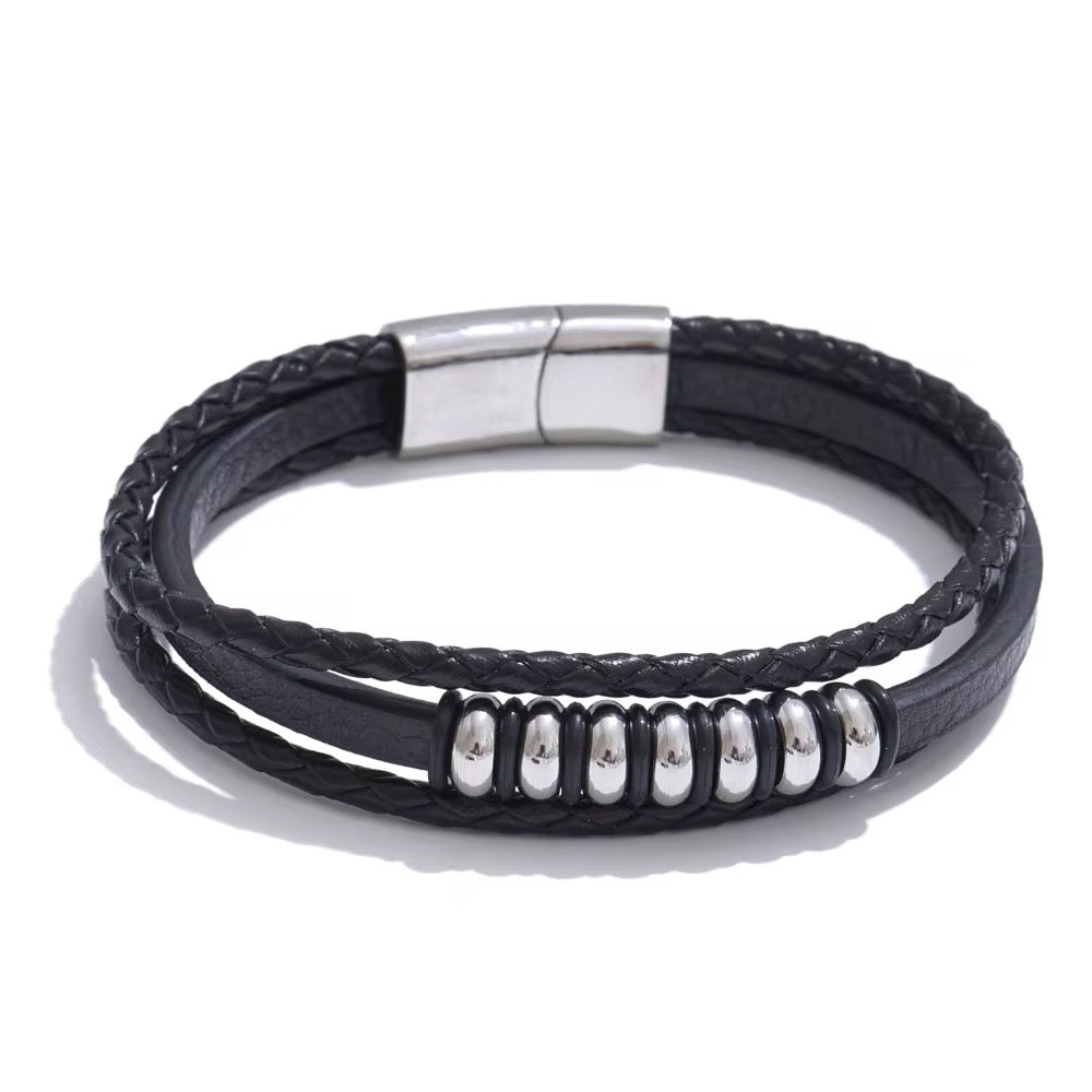 Men’s Black PU Leather & Stainless-Steel Bracelet 23cm