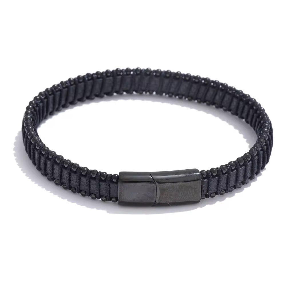 Men’s Black PU Leather & Stainless-Steel Bracelet 23cm