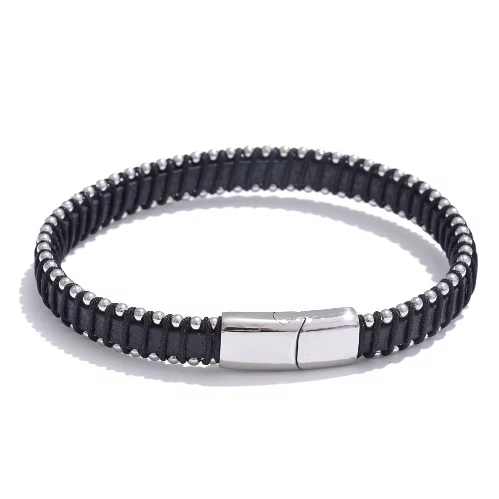 Men’s Black PU Leather & Stainless-Steel Bracelet 23cm