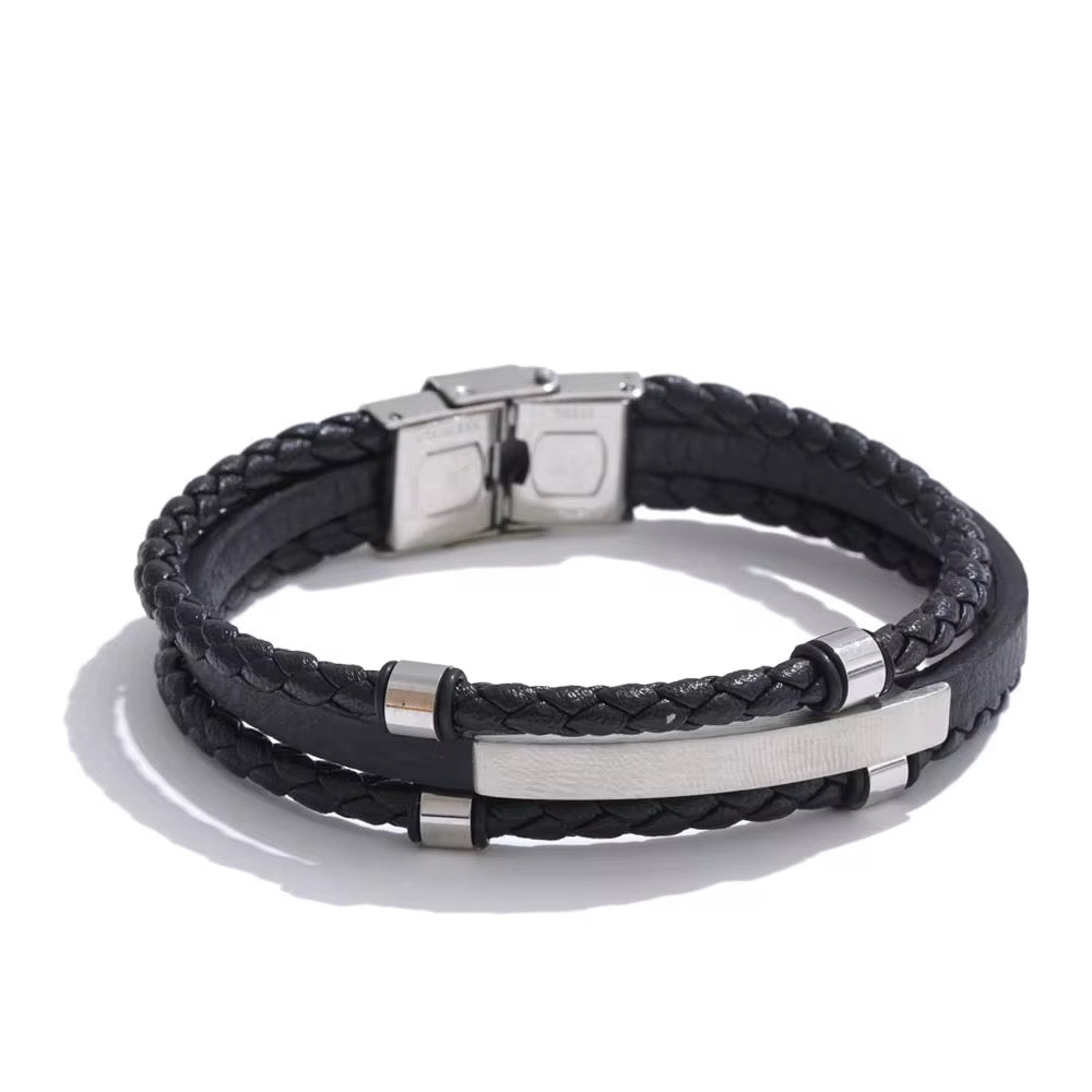 Men’s Black PU Leather & Stainless-Steel Bracelet 22cm