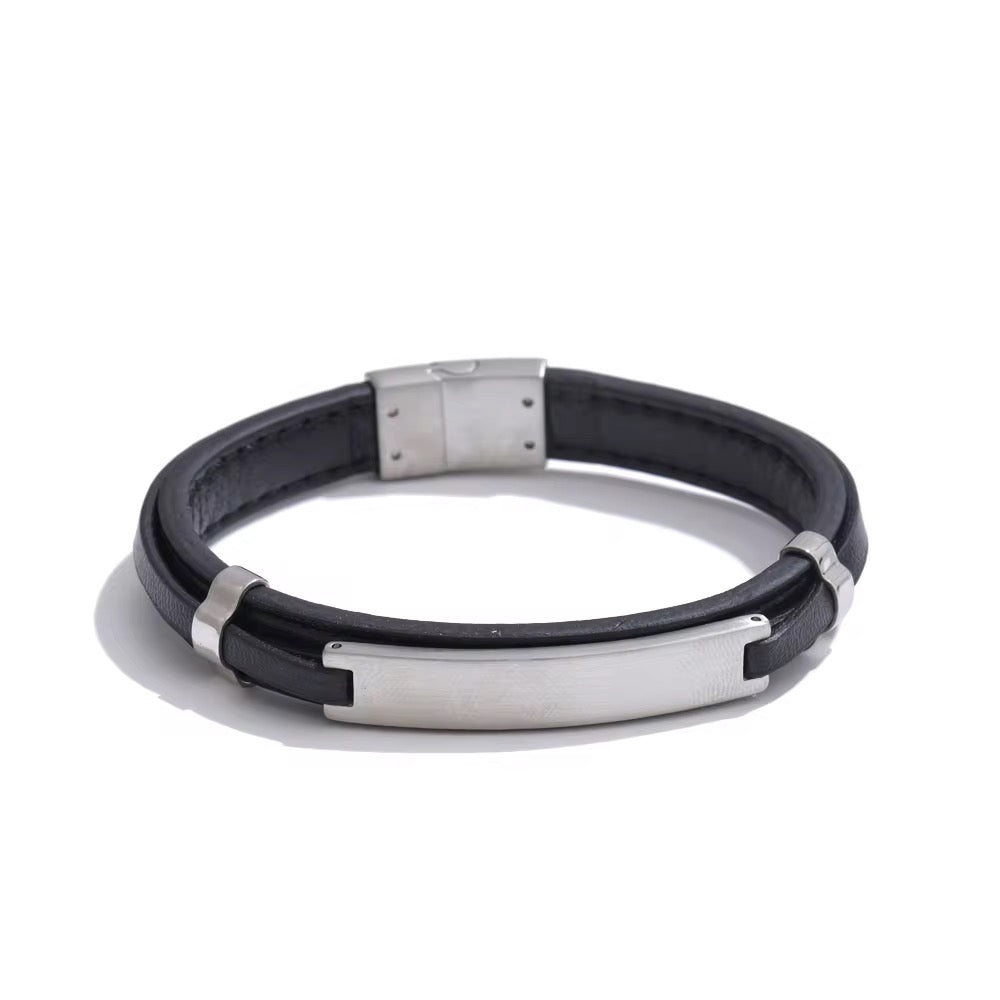Men’s Black PU Leather & Stainless-Steel Bracelet 21cm