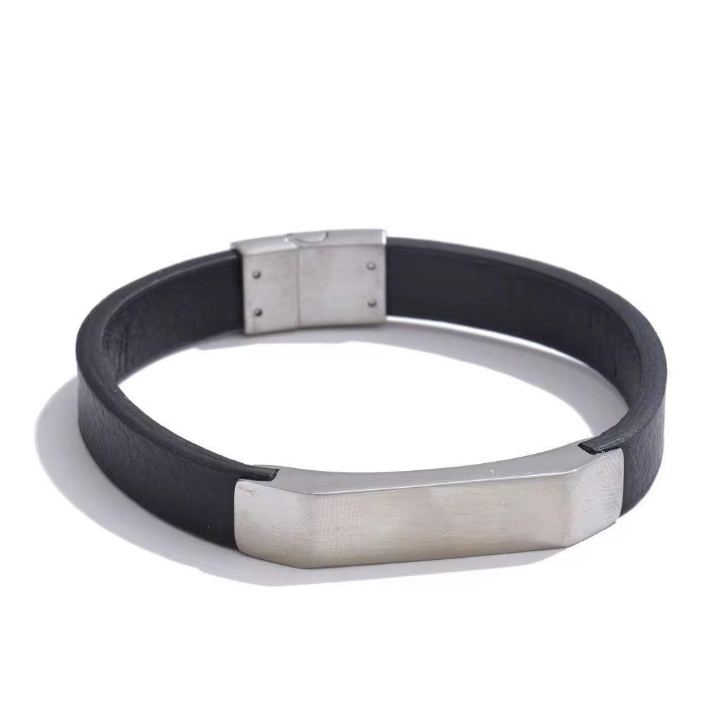 Men’s Black PU Leather & Stainless-Steel Bracelet 22cm