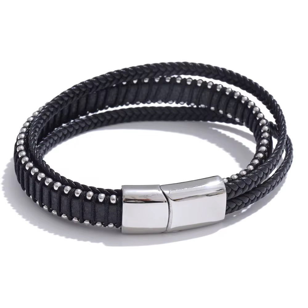 Men’s Black PU Leather & Stainless-Steel Bracelet 22cm