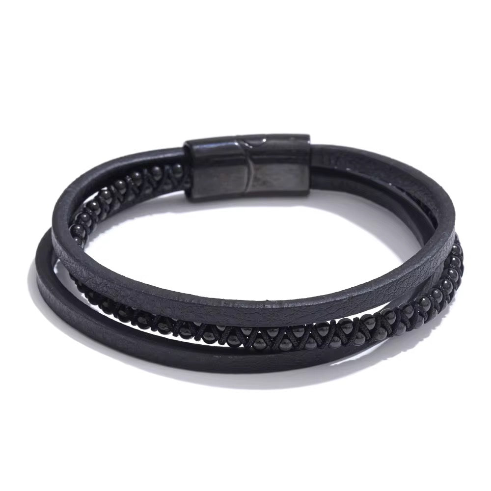 Men’s Black PU Leather & Stainless-Steel Bracelet 22cm