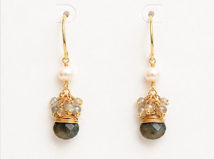 Pair of earrings on a BOHO & MALA branded card with 'Jewellery for the Soul' text.