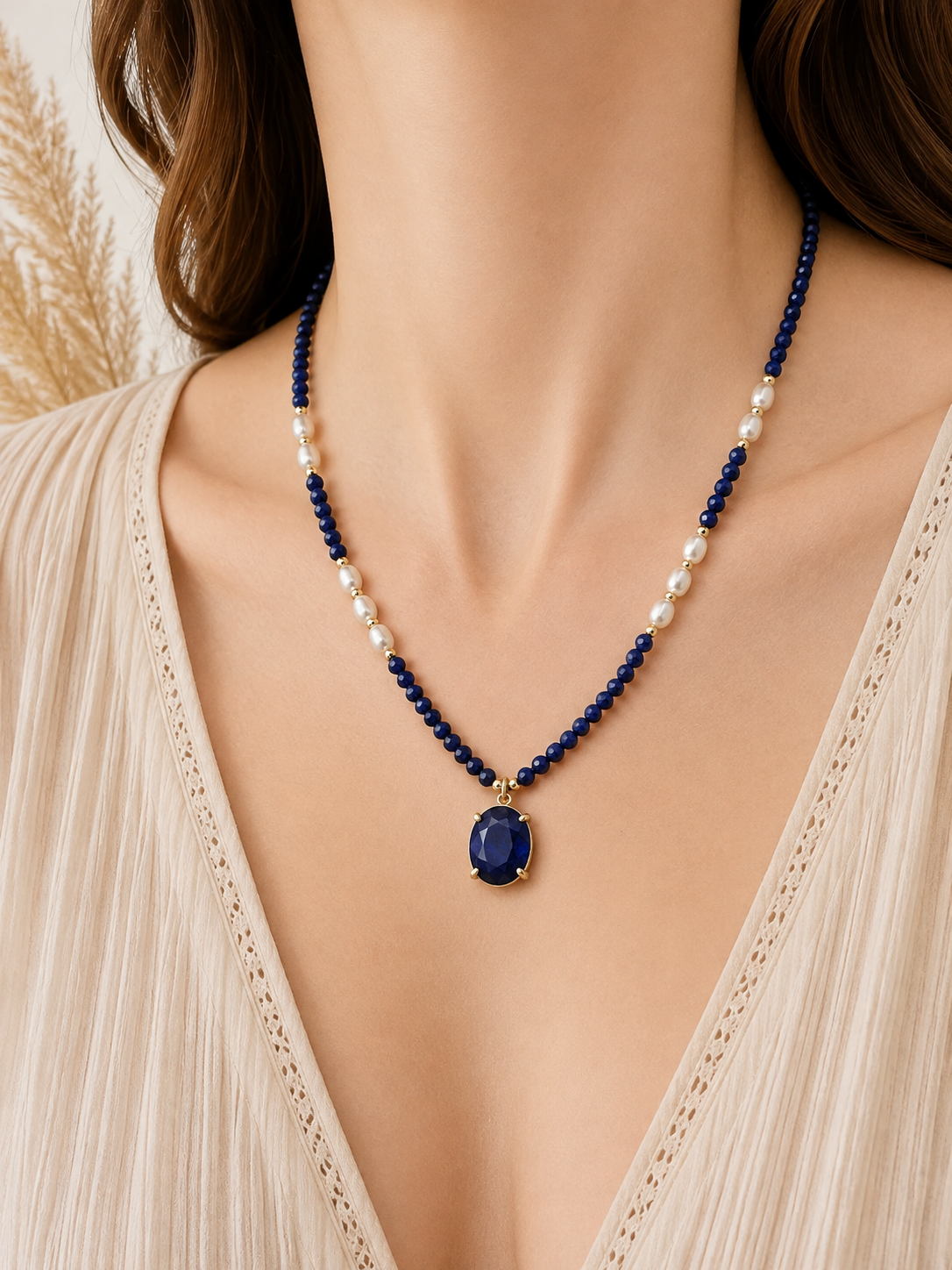 
                  
                    A close-up of a woman wearing a beaded necklace with lapis lazuli beads, white pearl accents, and a central oval blue stone pendant in a gold-tone setting.
                  
                