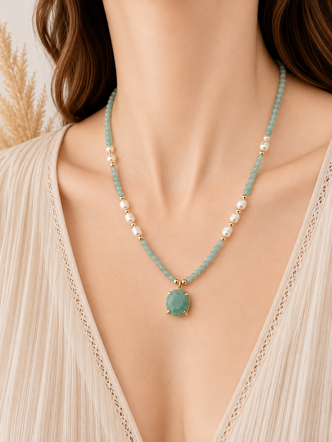 A close-up of a woman wearing a delicate necklace with amazonite light blue-green beads, white pearl-like beads, and a central oval green stone pendant with gold-tone detailing.