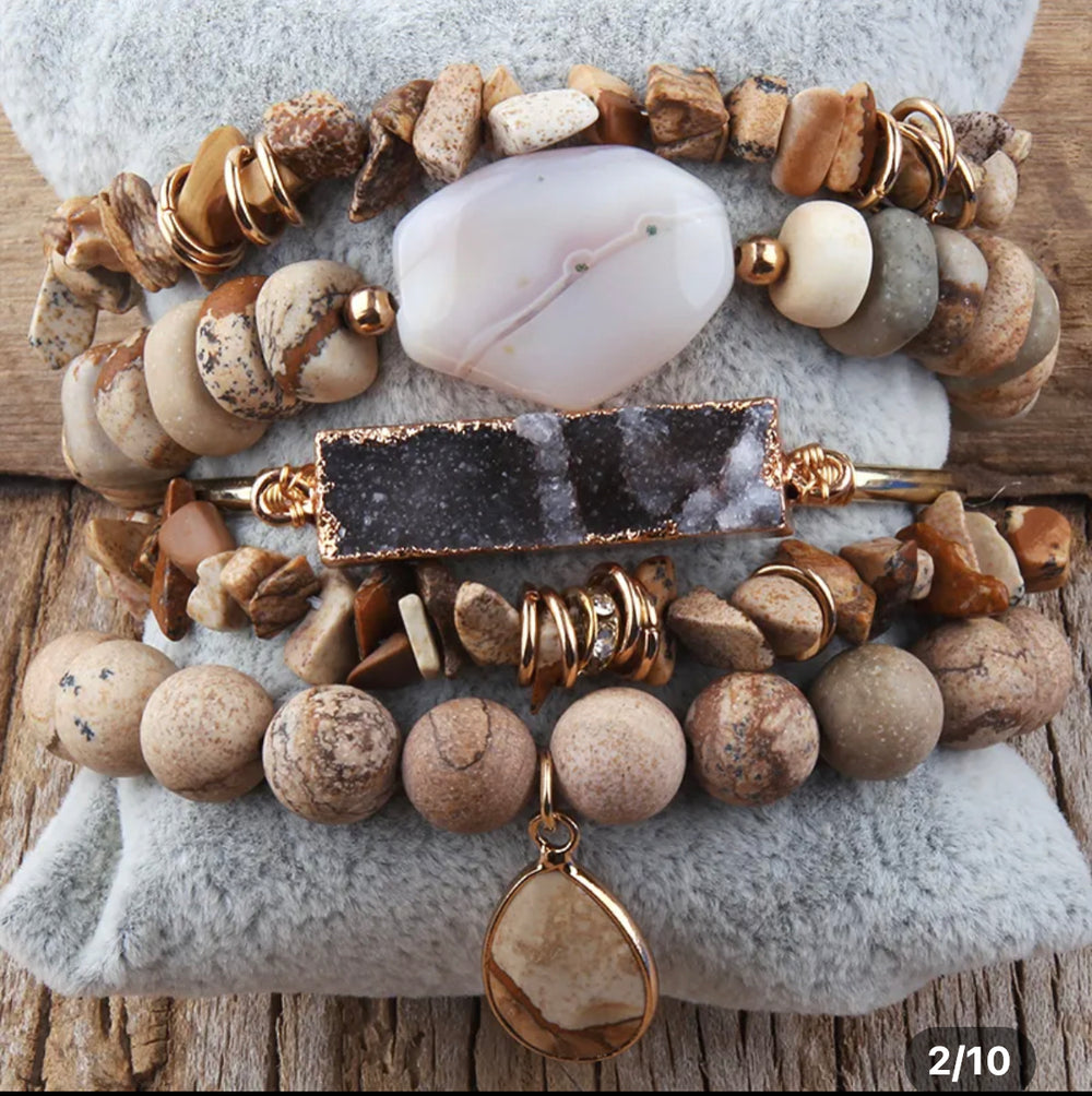 Boho & Mala Desert Jasper Stone Mix Elastic Bracelet Stackable Sets