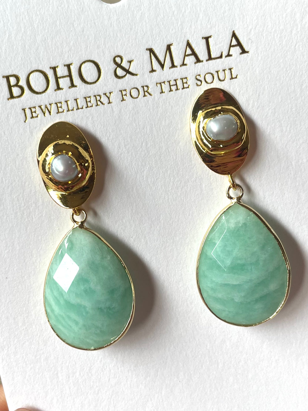 Boho & Mala Blue Stone & Pearl Drop Earrings