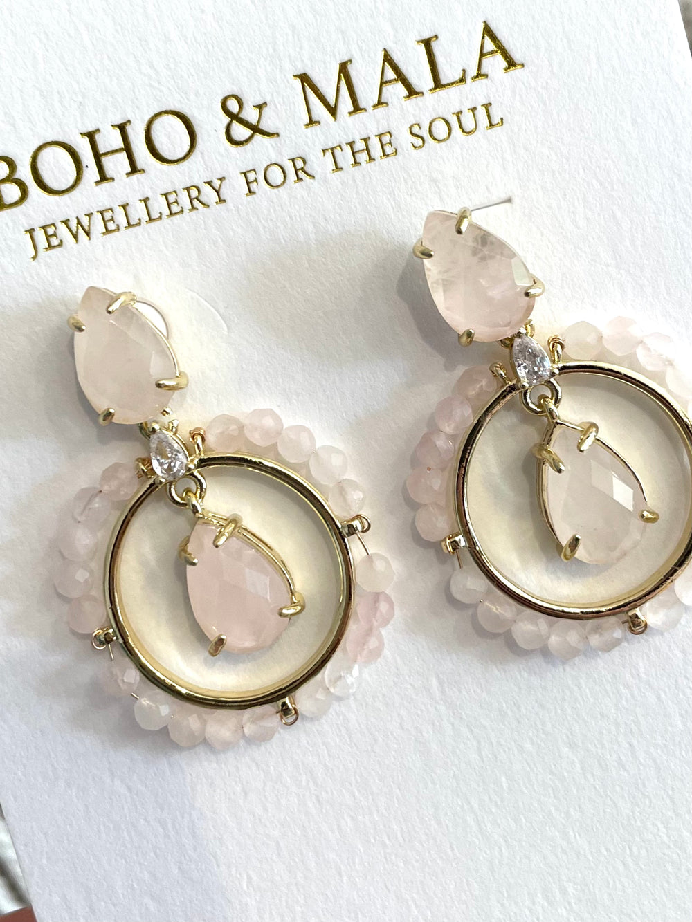 Boho & Mala Rose Quartz Stone Drop Earrings