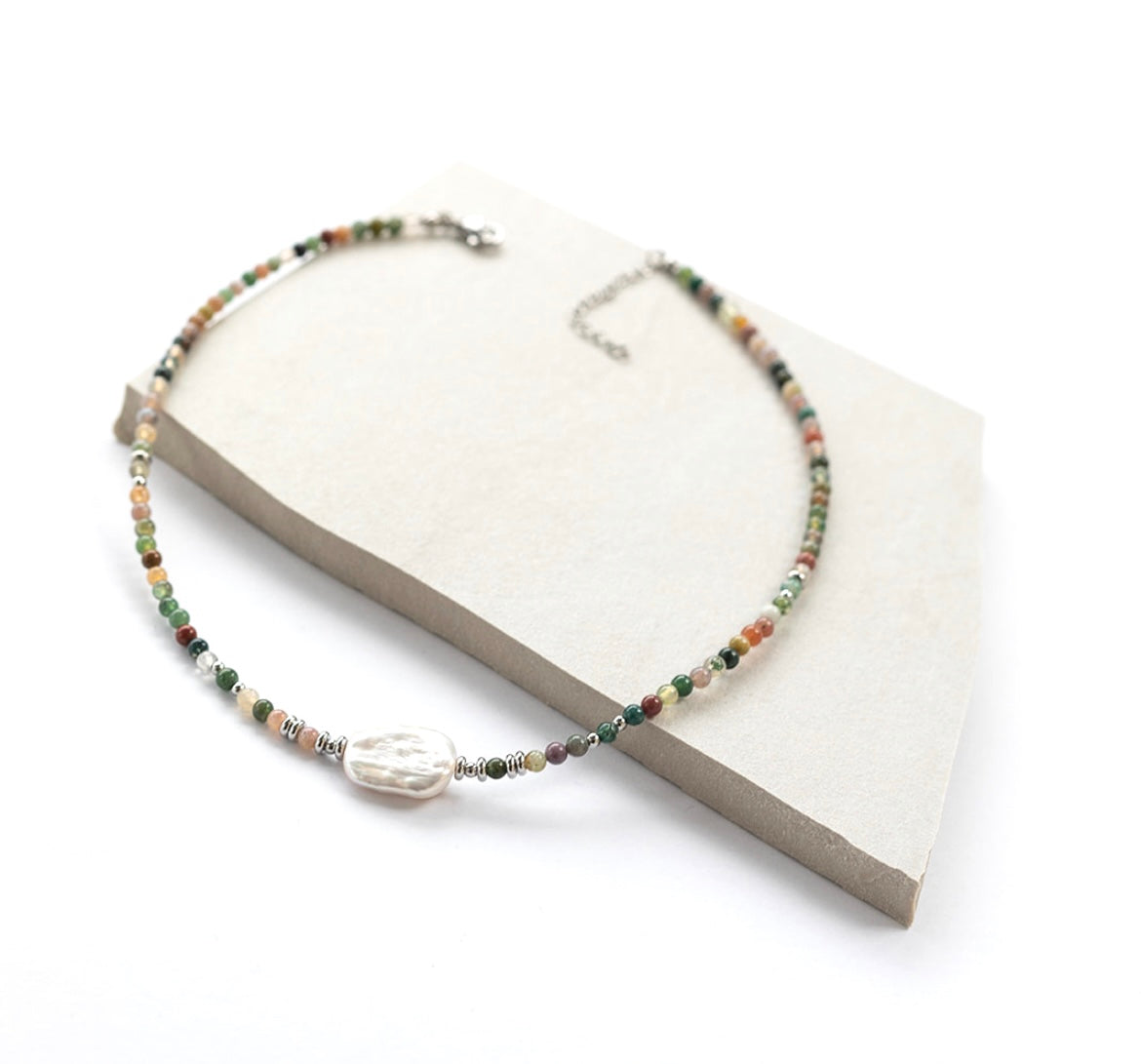 
                  
                    Boho & Mala Silver Freshwater Pearl/Green Stone Necklace
                  
                