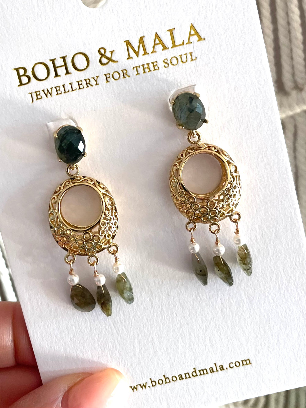Boho & Mala Grey Stone Tassel Drop Earrings