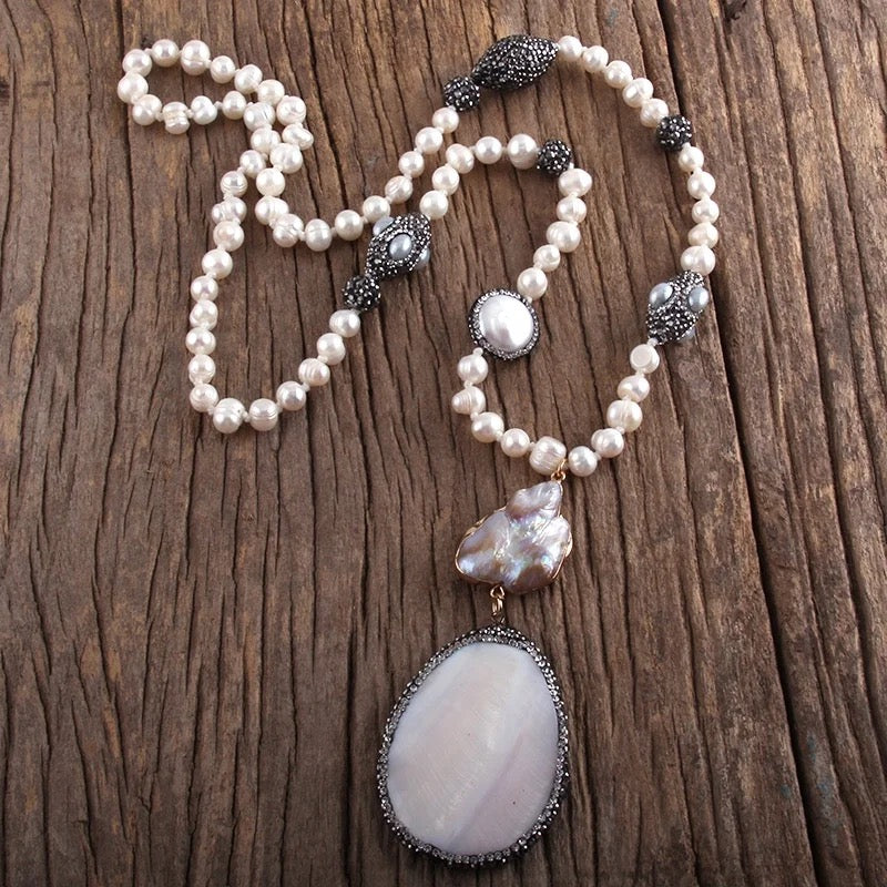 Boho & Mala Natural Tribal Freshwater Pearl & Shell Necklace