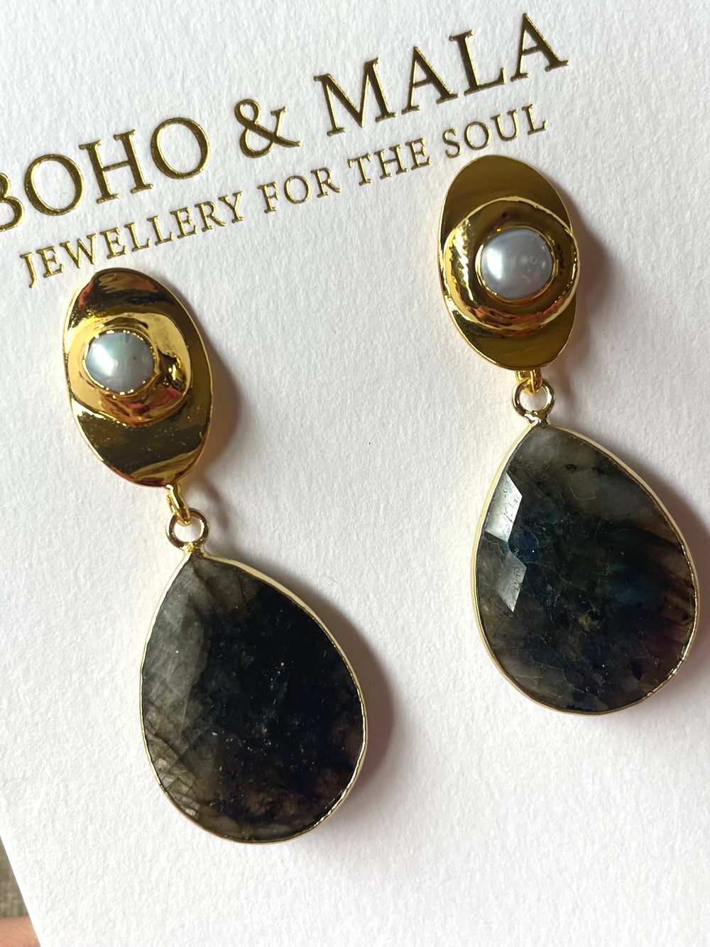 Boho & Mala Grey Stone & Pearl Drop Earrings
