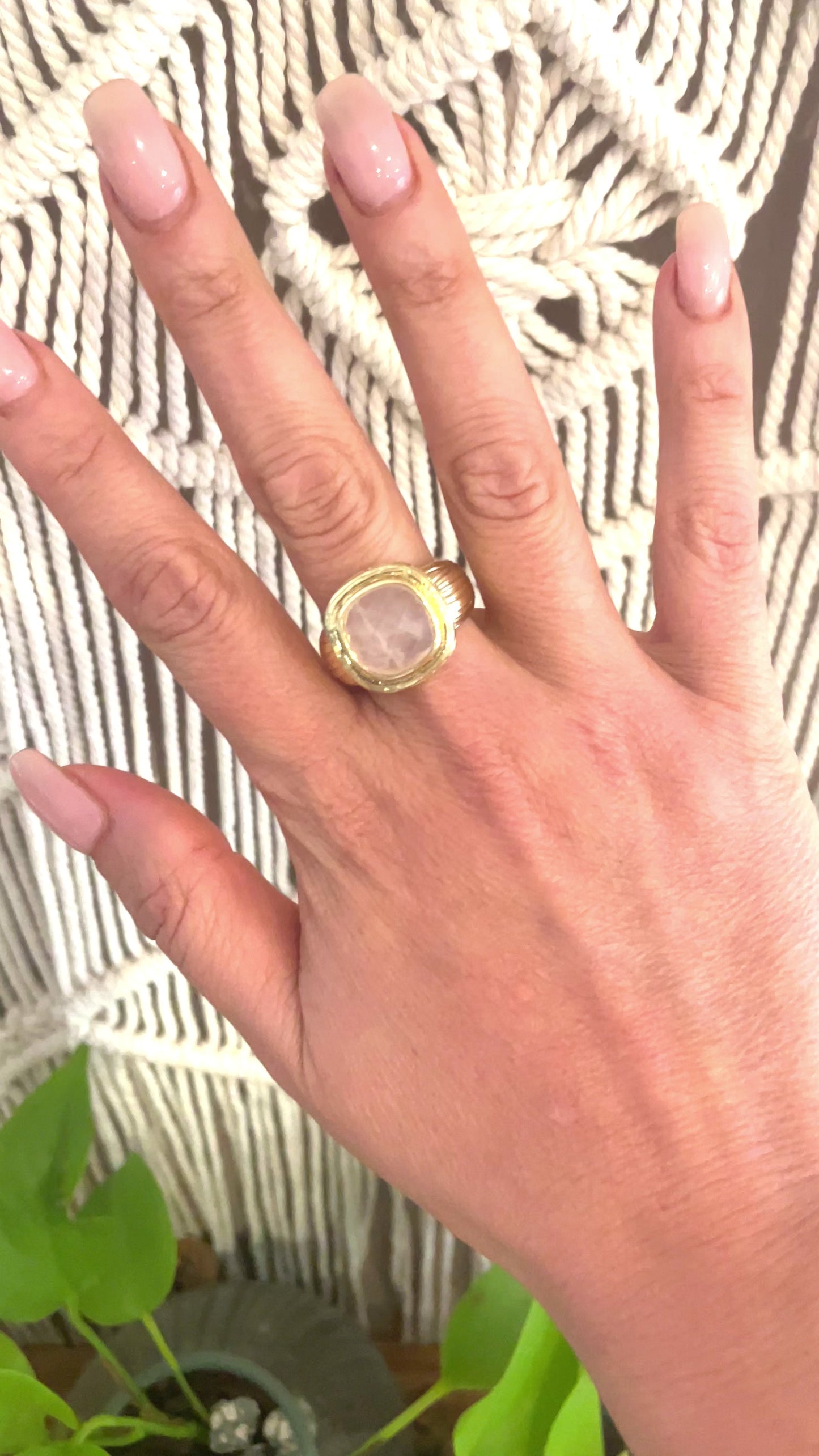 
                  
                    Load and play video in Gallery viewer, Boho &amp;amp; Mala Rose Quartz Gold Ring (size 9)
                  
                