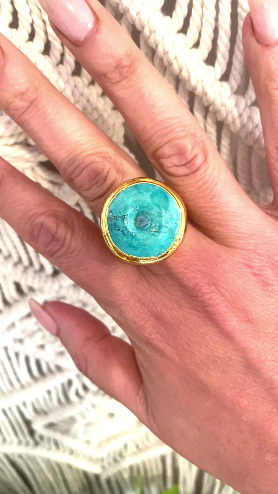 
                  
                    Load and play video in Gallery viewer, Boho &amp;amp; Mala Turquoise Gold Ring (adjustable from size 8)
                  
                