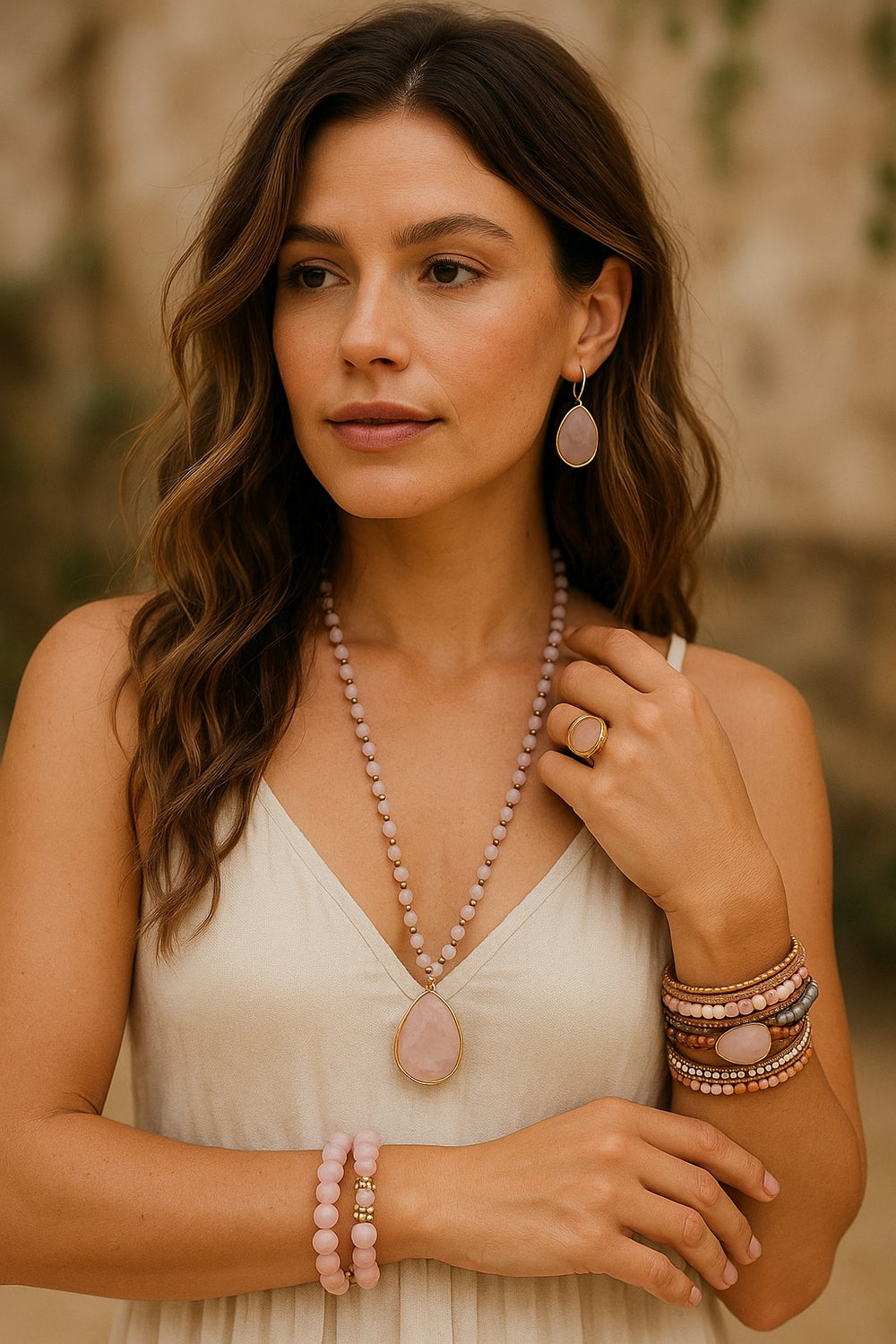 Boho & Mala Natural Tribal Round Rose Quartz Stone Necklace TN10035